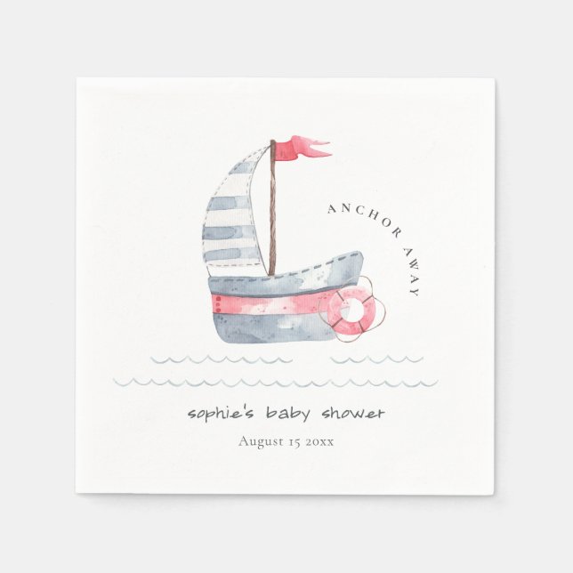 Cute Nautical Pastel Red Blue Sailboat Shower Pappersservett (Framsidan)