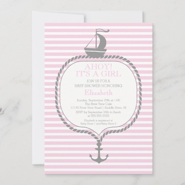 CUTE Nautical Rand Rosa Anchor Girls Baby Shower Inbjudningar (Framsida)