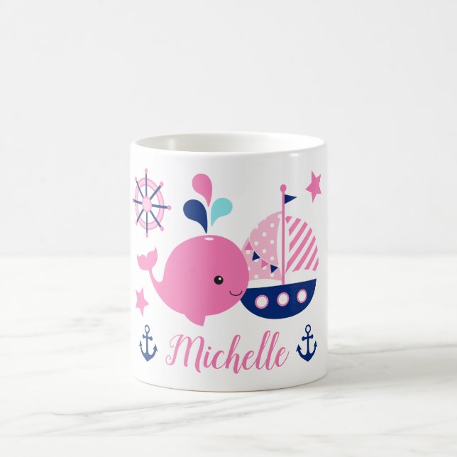 Cute Nautical Rosa Whale, Boat & Anchor Kaffemugg (Center)