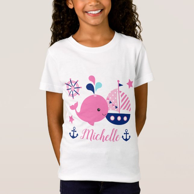 Cute Nautical Rosa Whale, Boat & Anchor T Shirt (Framsida)