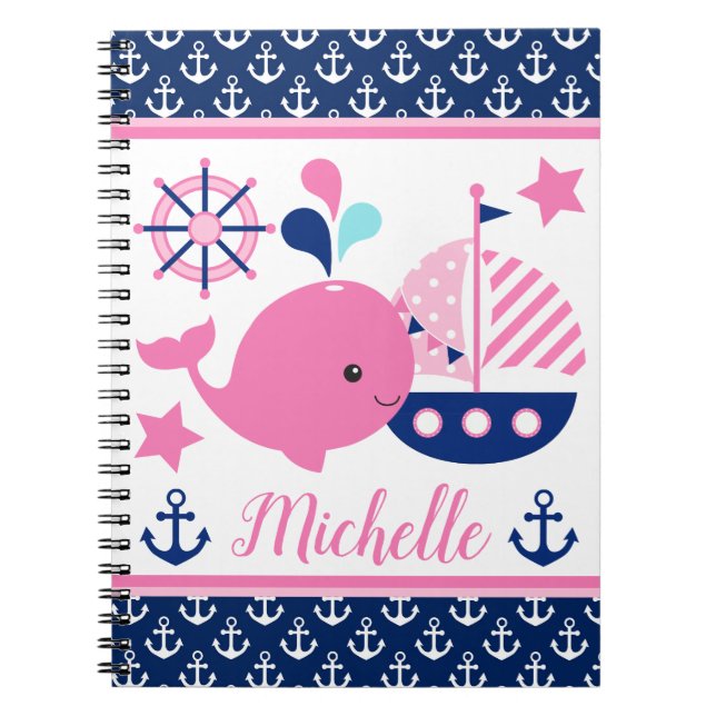 Cute Nautical Rosa Whale och Anchors Mönster Anteckningsbok (Framsidan)
