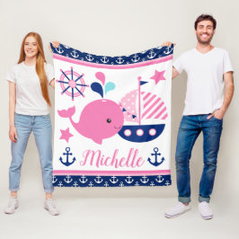 Cute Nautical Rosa Whale och Anchors Mönster Fleecefilt
