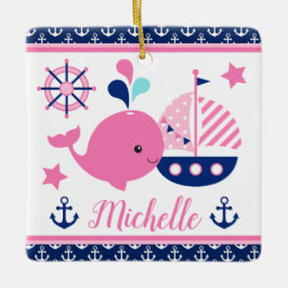 Cute Nautical Rosa Whale och Anchors Mönster Julgransprydnad Keramik