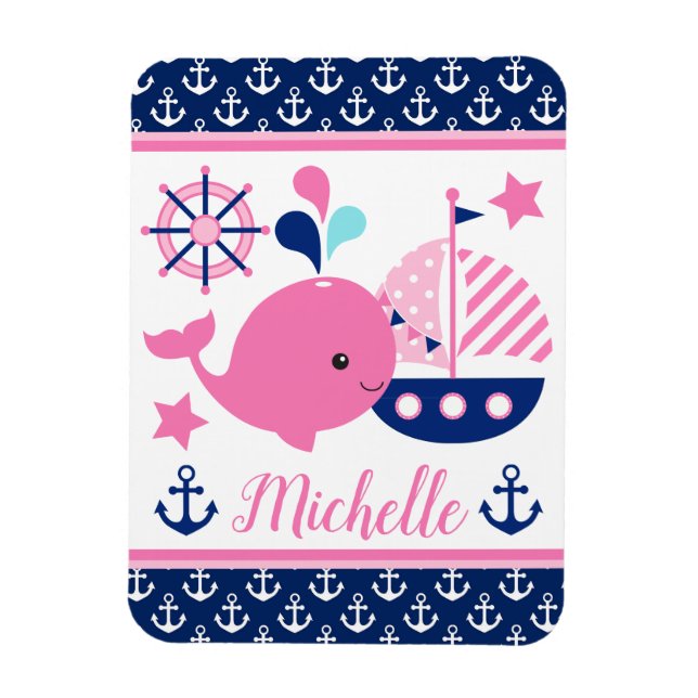 Cute Nautical Rosa Whale och Anchors Mönster Magnet (Vertikal)