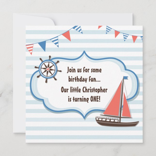 Cute Nautical Sailboat Boys 1st Birthday Inbjudan (Framsida)