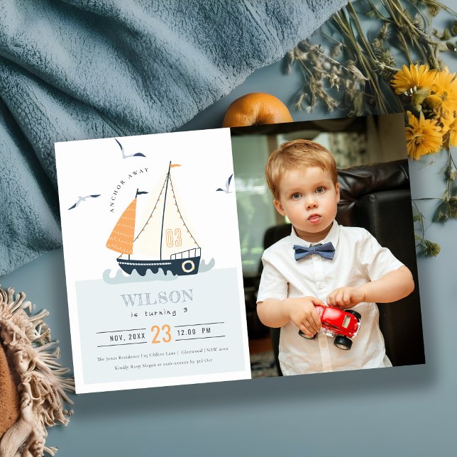 Cute Nautical Sailboat Kids Photo Birthday Inbjuda Tack Kort (Skapare uppladdad)