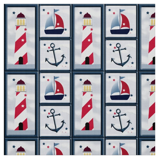 Cute Nautical Sailboat, Lighthouse, Anchor Craft Tyg (Provkarta)