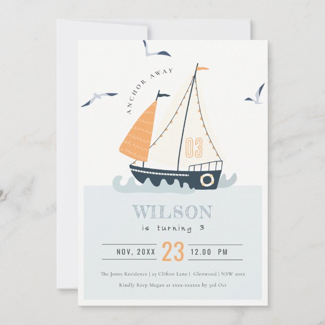 Cute Nautical Sailboat Pastel Barns födelsedag Inb Tack Kort (Framsida)