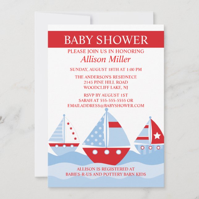 Cute Nautical SAILBOATS Boy Baby Shower Inbjudningar (Framsida)