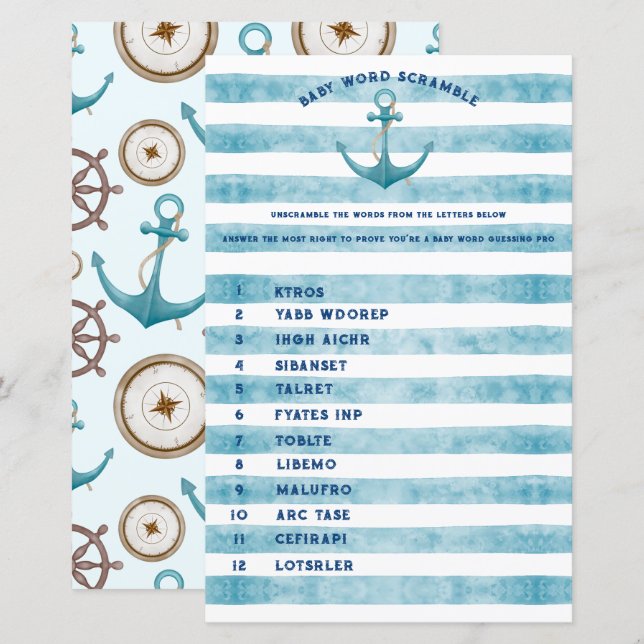 Cute Nautical Sailor Baby Shower Ord Scramble (Fram/baksida)