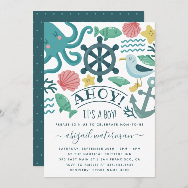 Cute Nautical Sea Critters Det är en pojkvän. Inbjudningar (Fram/baksida)