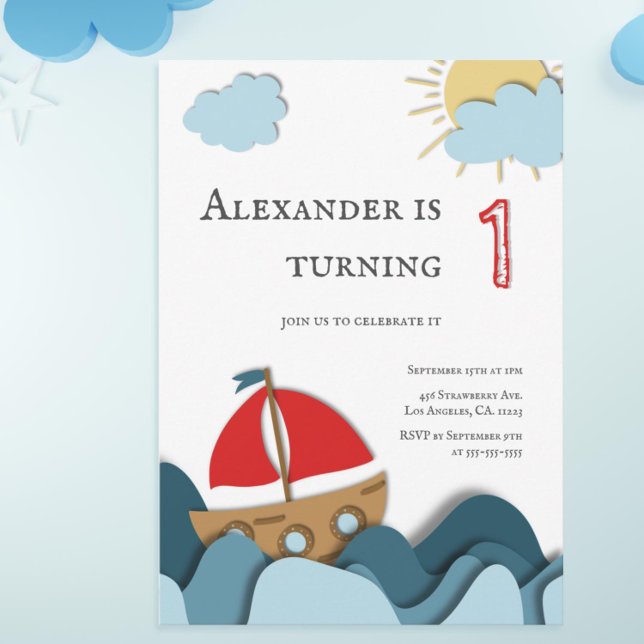 Cute Nautical Segelbåt Boy First Birthday Inbjudningar (Cute boat first birthday invitation by Kinda Cute by Patricia Alvarez)