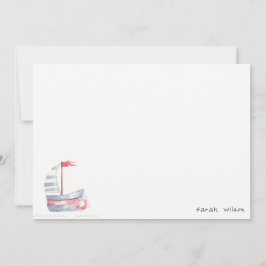 Cute Nautical Soft Red Blue Sailboat Barns födelse Anteckningskort