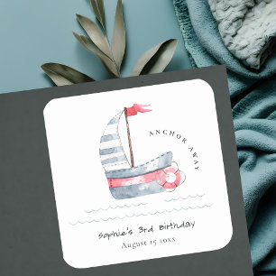 Cute Nautical Soft Red Blue Sailboat Barns födelse Fyrkantigt Klistermärke