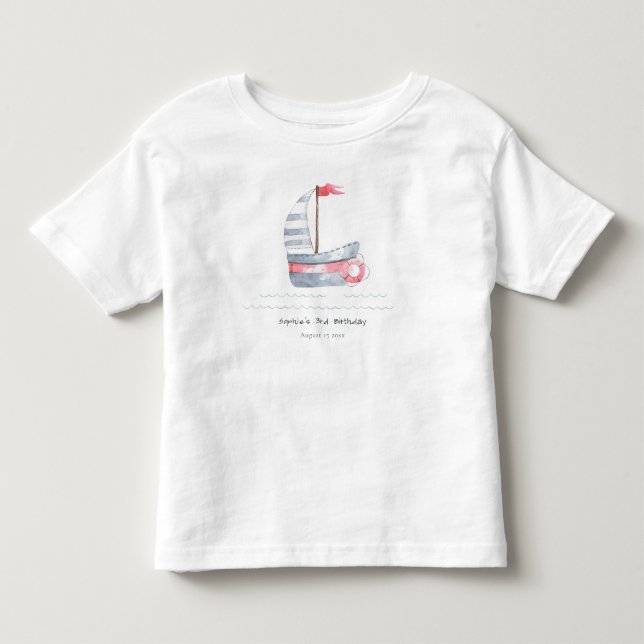 Cute Nautical Soft Red Blue Sailboat Barns födelse T Shirt (Framsida)