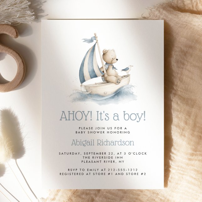 Cute Nautical Teddy Bear Boy Baby Shower Inbjudningar (Skapare uppladdad)