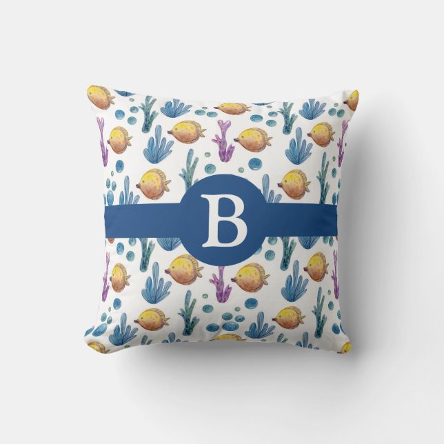 Cute Nautical Tropical Fish Sea Ocean Monogram Kudde (Framsida)