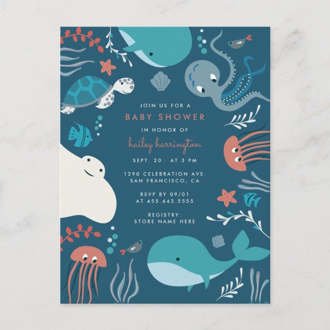 Cute Nautical under Sea Baby Shower Inbjudan Vykort (Framsida)