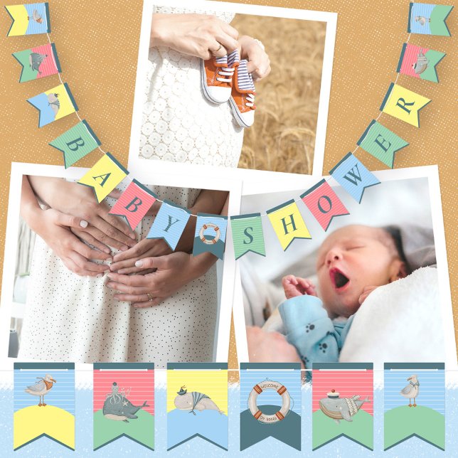 Cute Nautical Vatten Animals Watercolor Baby Showe Vimplar (Cute Nautical Water Animals Watercolor Baby Shower Bunting Flags ©Susanne Sachers - Sunny Mind Desig)