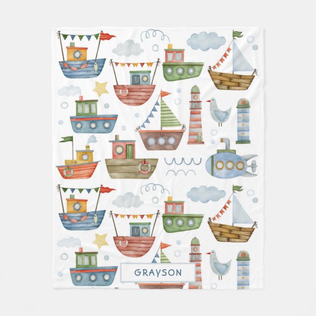 Cute Nautical Watercolor Boats Boy Personlig Fleecefilt (Framsidan)