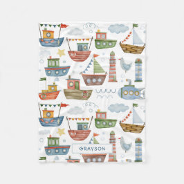 Cute Nautical Watercolor Boats Boy Personlig Fleecefilt
