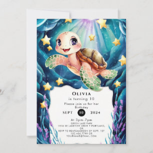 Cute Nautical Watercolor Turtle Birthday Inbjudningar