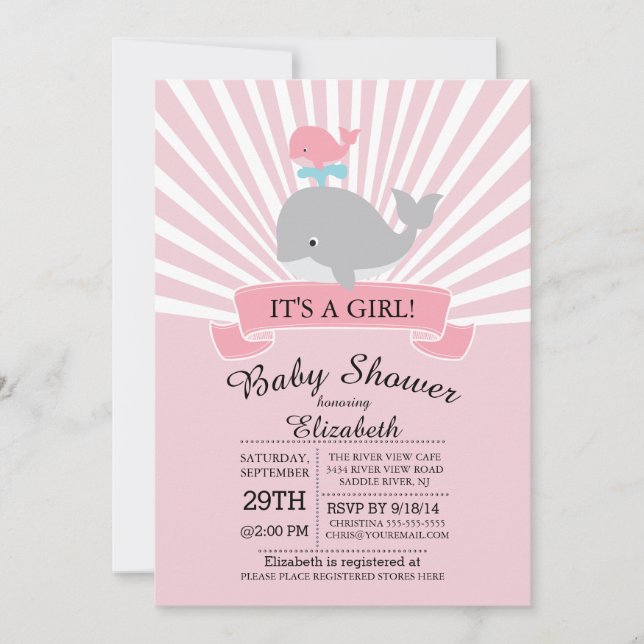 Cute Nautical Whale Girl Baby Shower-inbjudan Inbjudningar (Framsida)