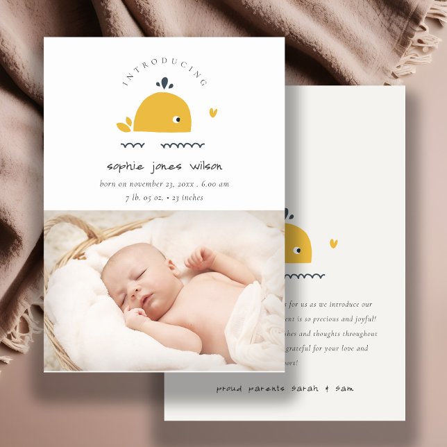 Cute Nautical Whale Heart Photo Birth Tack Kort (Skapare uppladdad)