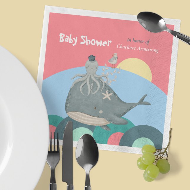 Cute Nautical Whale Squid Rosa Baby Shower Pappersservett (Cute Pink Nautical Whale Squid Baby Shower Napkins ©Susanne Sachers - Sunny Mind Design 🌞)