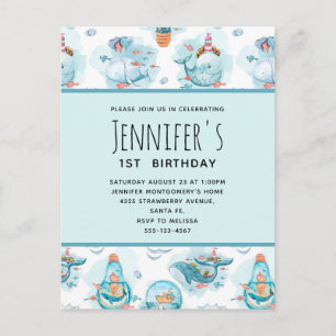 Cute Nautical Whales Watercolor Mönster Birthday Inbjudan Vykort