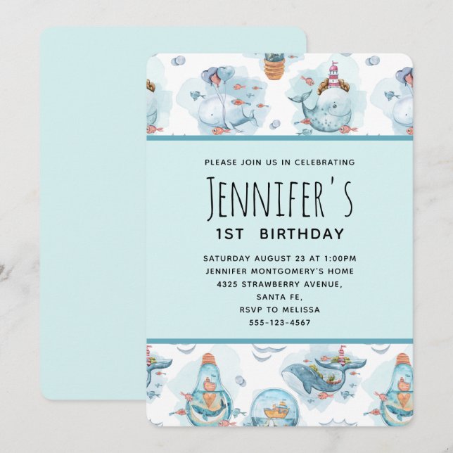 Cute Nautical Whales Watercolor Mönster Birthday Inbjudningar (Fram/baksida)