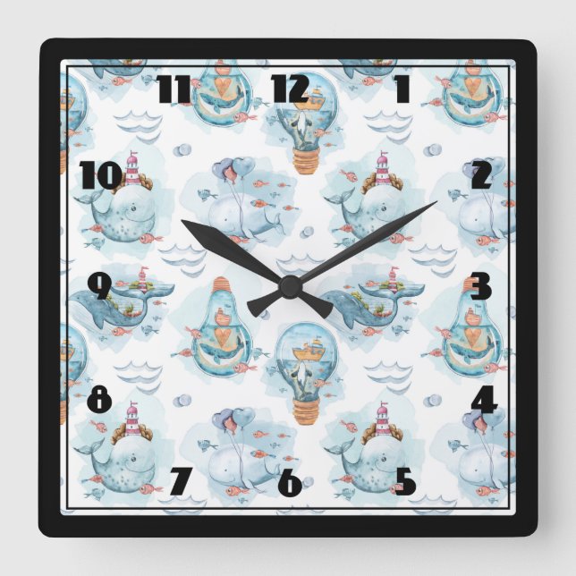 Cute Nautical Whales Watercolor Mönster Fyrkantig Klocka (Framsida)