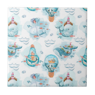 Cute Nautical Whales Watercolor Mönster Kakelplatta