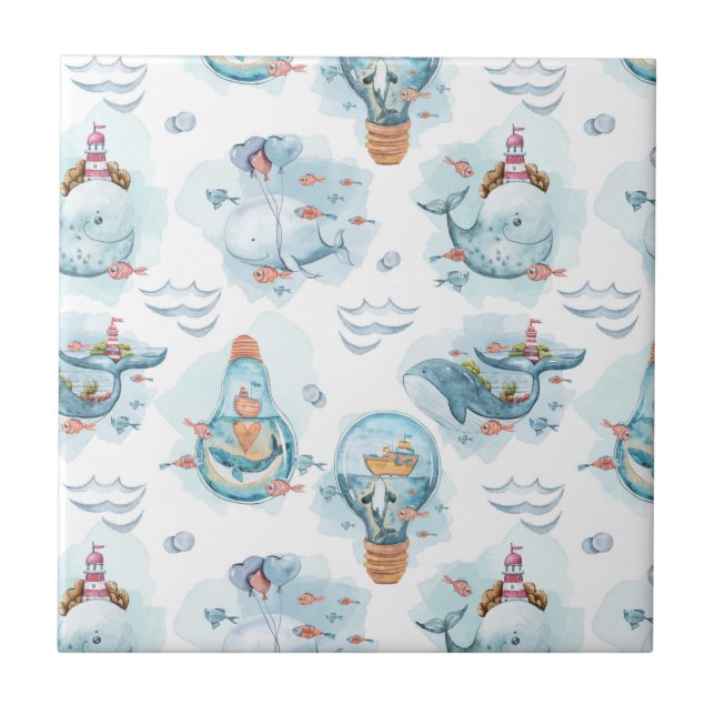 Cute Nautical Whales Watercolor Mönster Kakelplatta (Framsidan)
