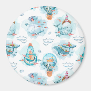 Cute Nautical Whales Watercolor Mönster Magnet