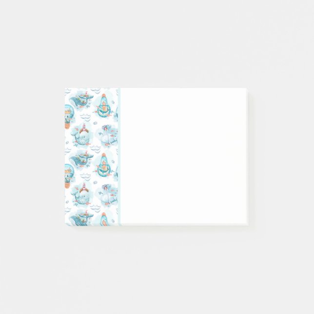 Cute Nautical Whales Watercolor Mönster Post-it Block (Framsida)