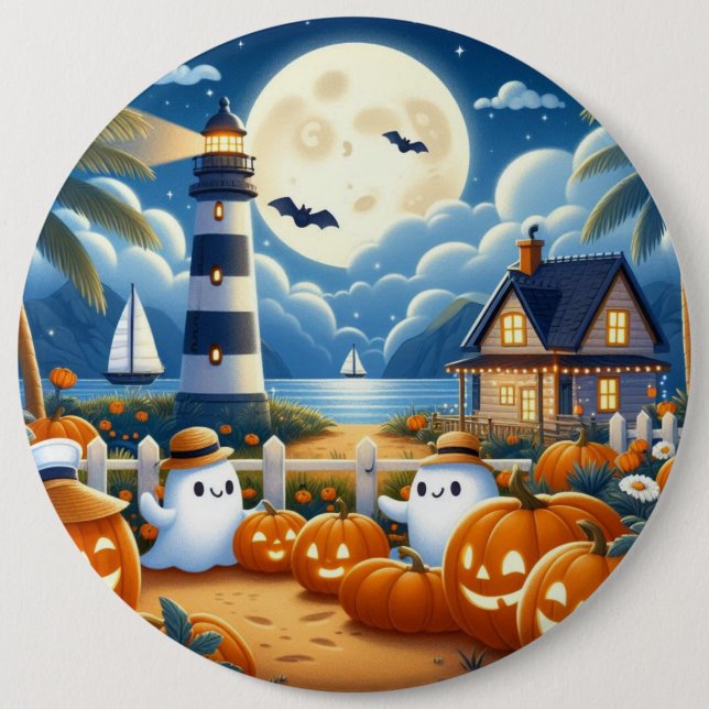 Cute, Nautisk/kustnära Halloween-spöke/pumpor Knapp (Framsida)