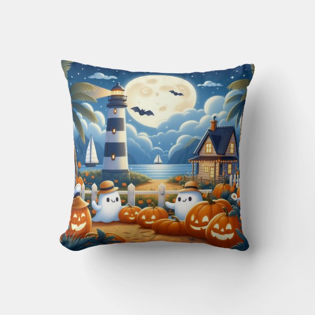 Cute, Nautisk/kustnära Halloween-spöke/pumpor Kudde (Framsida)