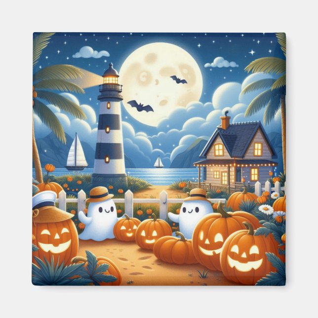 Cute, Nautisk/kustnära Halloween-spöke/pumpor Magnet (Framsidan)