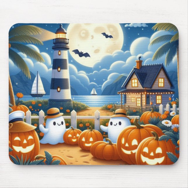Cute, Nautisk/kustnära Halloween-spöke/pumpor Musmatta (Framsidan)