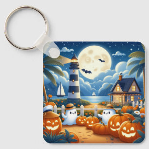 Cute, Nautisk/kustnära Halloween-spöke/pumpor Nyckelring
