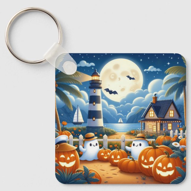Cute, Nautisk/kustnära Halloween-spöke/pumpor Nyckelring (Framsida)