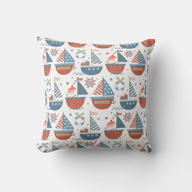 Cute Nautiska jultomten Sailboat Mönster Red Kudde (Framsida)