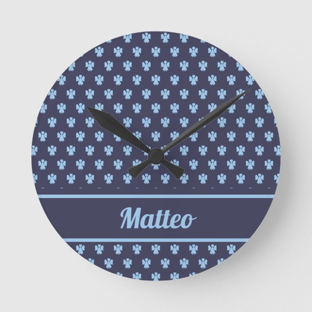 Cute navy blue ängel mönster personlig namn rund klocka (Framsida)