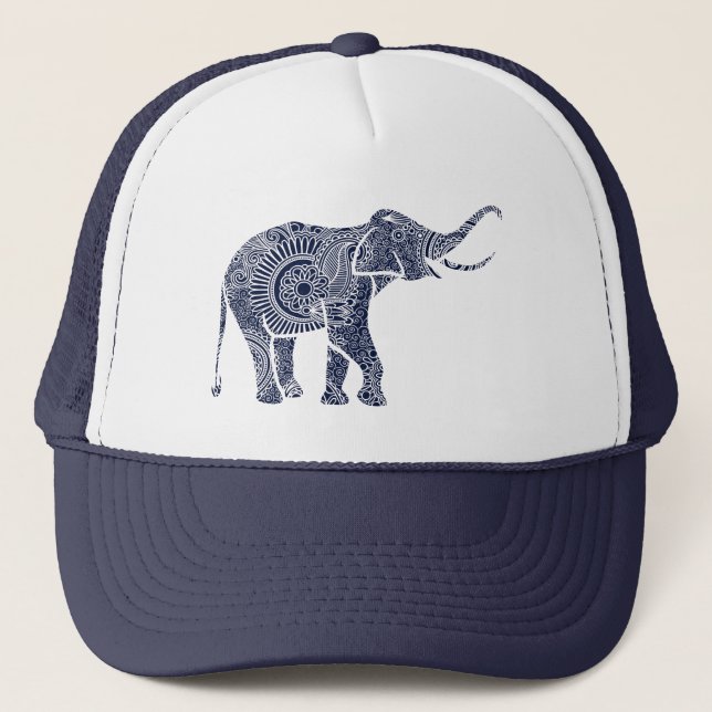 Cute Navy Blue Blommigt Elephant Truckerkeps (Framsida)