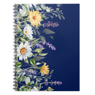 Cute Navy Blue Boho Wildblommor Notebook Journal Anteckningsbok
