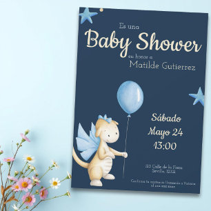 Cute Navy Blue Dragon Spain Boy Baby Shower Inbjudningar