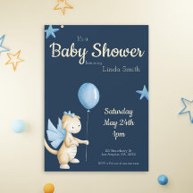 Cute Navy Blue Dragon with Balloon Baby Shower