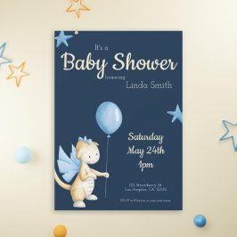 Cute Navy Blue Dragon with Balloon Baby Shower Inbjudningar