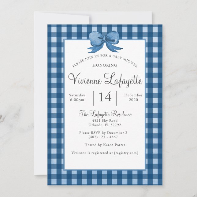 Cute Navy Blue Gingham med Bow Baby Shower Inbjudningar (Framsida)